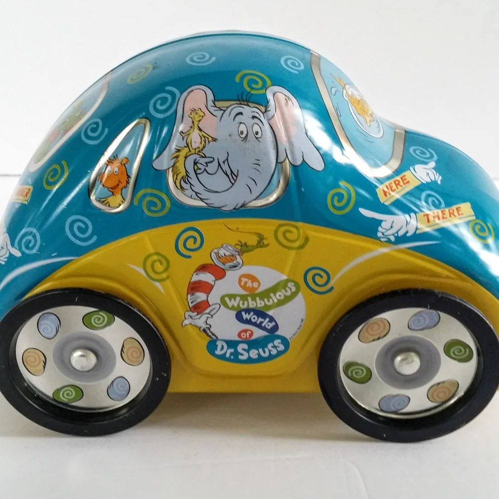Vintage Dr. Seuss Themed Blue and Yellow Tin Toy Car